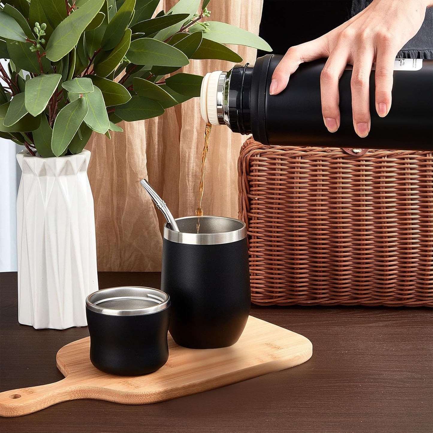 Dandat 2-Piece Yerba Mate Cup and Vacuum Bottle Kit - 12 oz Yerba Mate Gourd Cup with Bombilla Set and 34 oz Insulated Water Bottle - Black