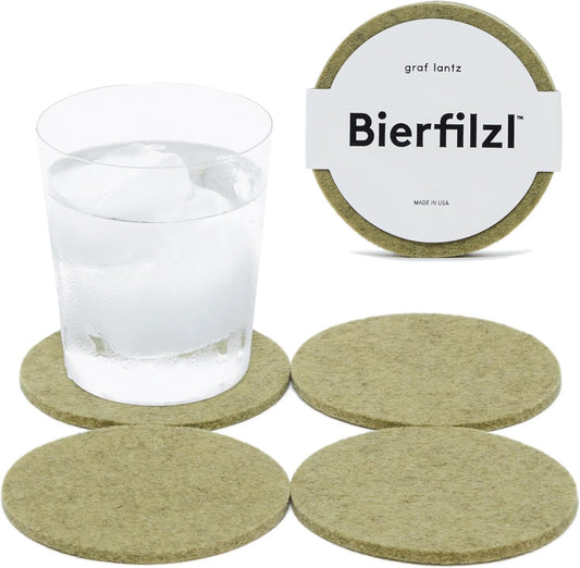 Graf Lantz - Bierfilzl Merino Wool Round Coasters Set of 4 - Sage (4" Circles) - Absorbs 30% of Weight - German Wool - Heat Resistant, Sustainable, & Reusable - Home Decor & Coffee Table Decor