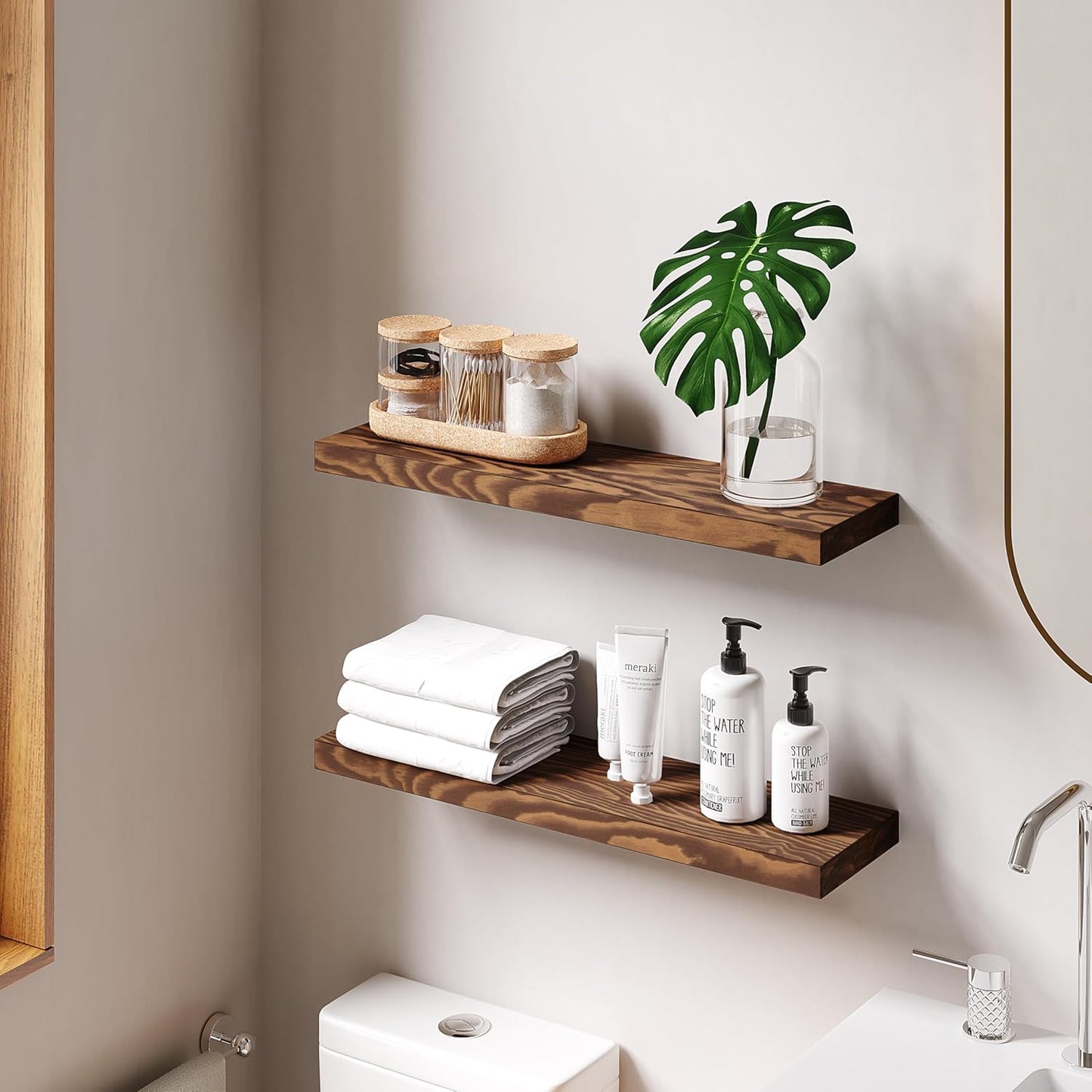 24'' Pine Wood Floating Shelves for Wall- Set of 2 - Rustic Wall Mounted Wooden Shelf for Stylish Home Décor (Light Walnut, 24x6.5x1.25), 2pcs