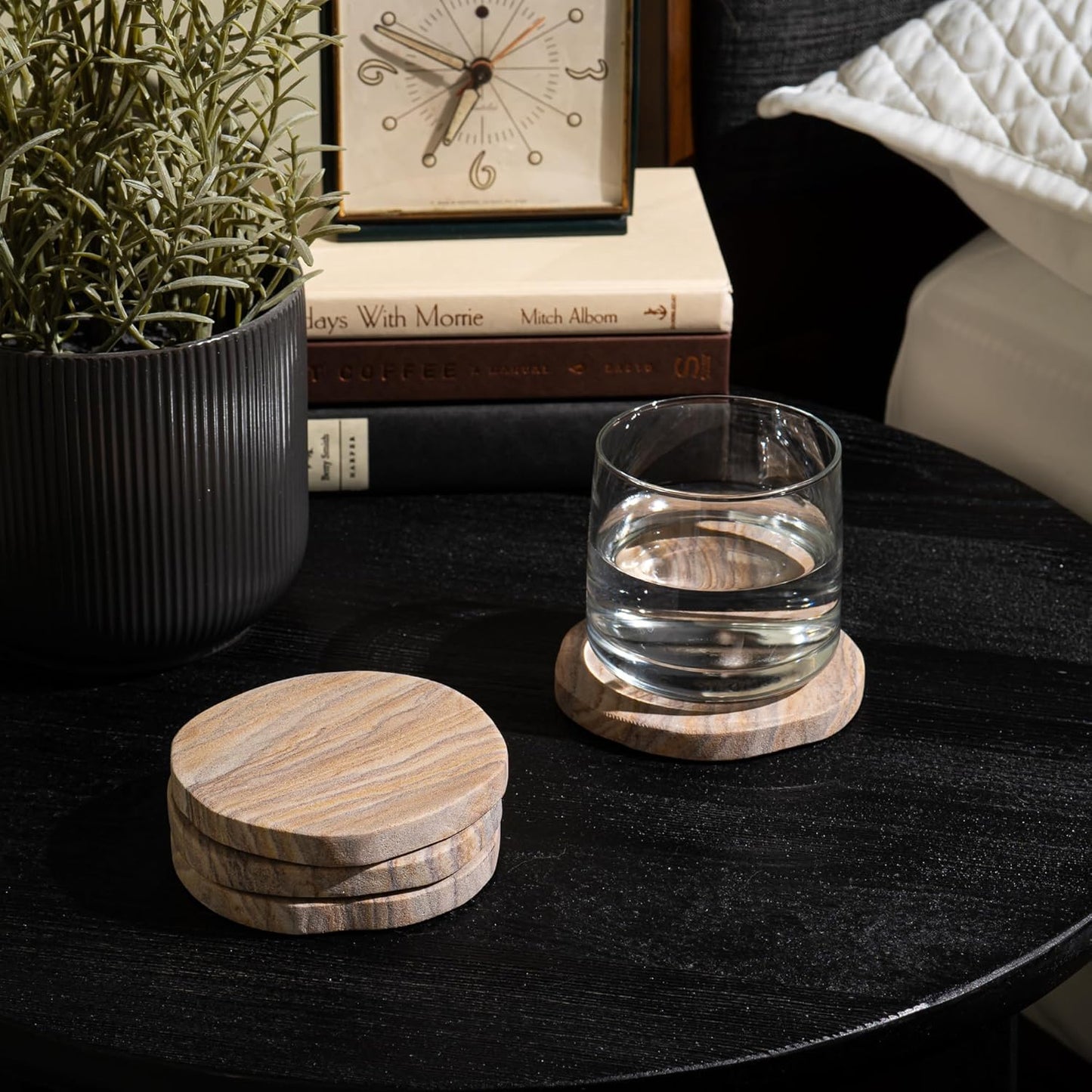 Cork & Mill Absorbent Coasters Set of 6 - Water Absorbing Sandstone Coasters for Drinks - Perfect for Coffee Table, Office Desk, Outdoor, Bedroom Nightstand - 4" Round - Unique Irregular Edge Design