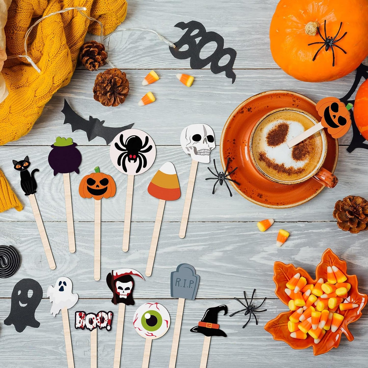 Jinei 120 Pcs Halloween Coffee Stirrers Stir Sticks Natural Wooden Stir Sticks Disposable Drink Stirrers for Stirring Hot Chocolate Milkshake Restaurant Home Office
