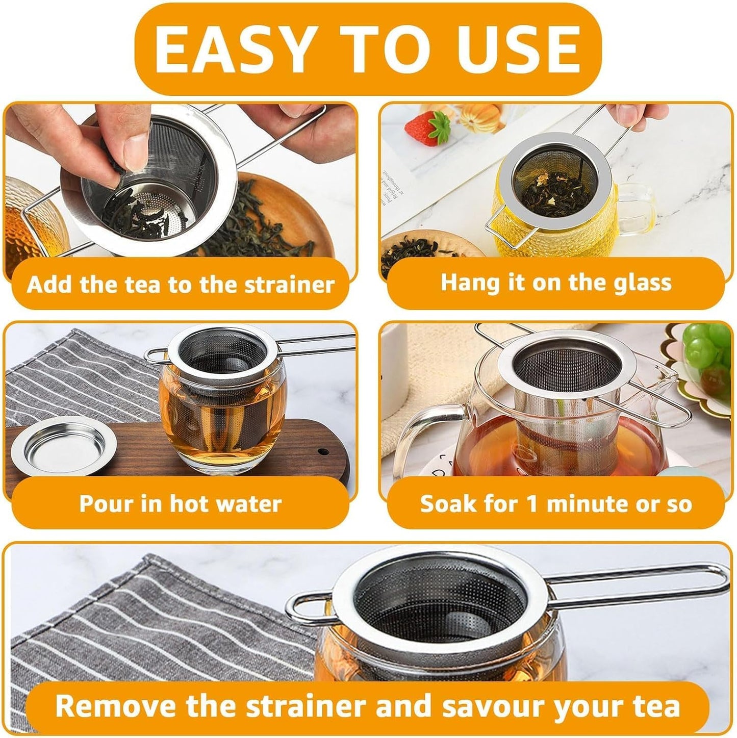 4 PCS Tea Strainer with Lid 304 Stainless Steel Tea Infuser Basket for Loose Tea Extra Fine Mesh Tea Diffuser Long Handle Tea Strainers Filters for Hanging on Teapots Mugs Cups