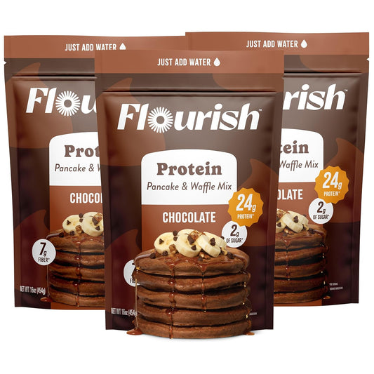 Flourish Protein Pancake & Waffle Mix, with Whey Protein & Flax Seed, No Added Sugar, High in Protein & Fiber - Just Add Water - Chocolate Flavour, 430g (3 Pack) - Made in Canada