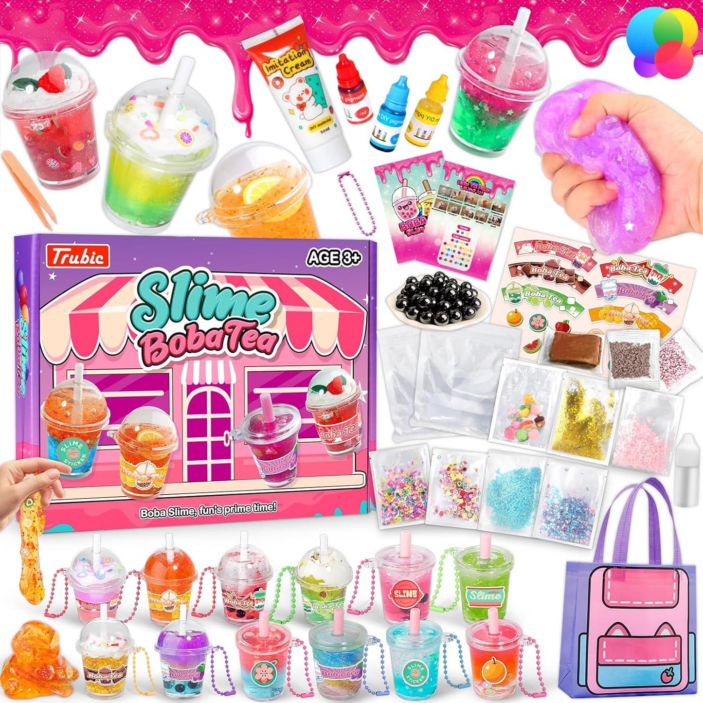 46PCS Slime Boba Tea Making Kit for Girls Ages 8-12, DIY Pretend Play Food Toys, Bubble Tea Cups, Bag, Clear Slime, Add-ins, Making Miniature Food, Party Favors for Kids 6 7 9 10 11