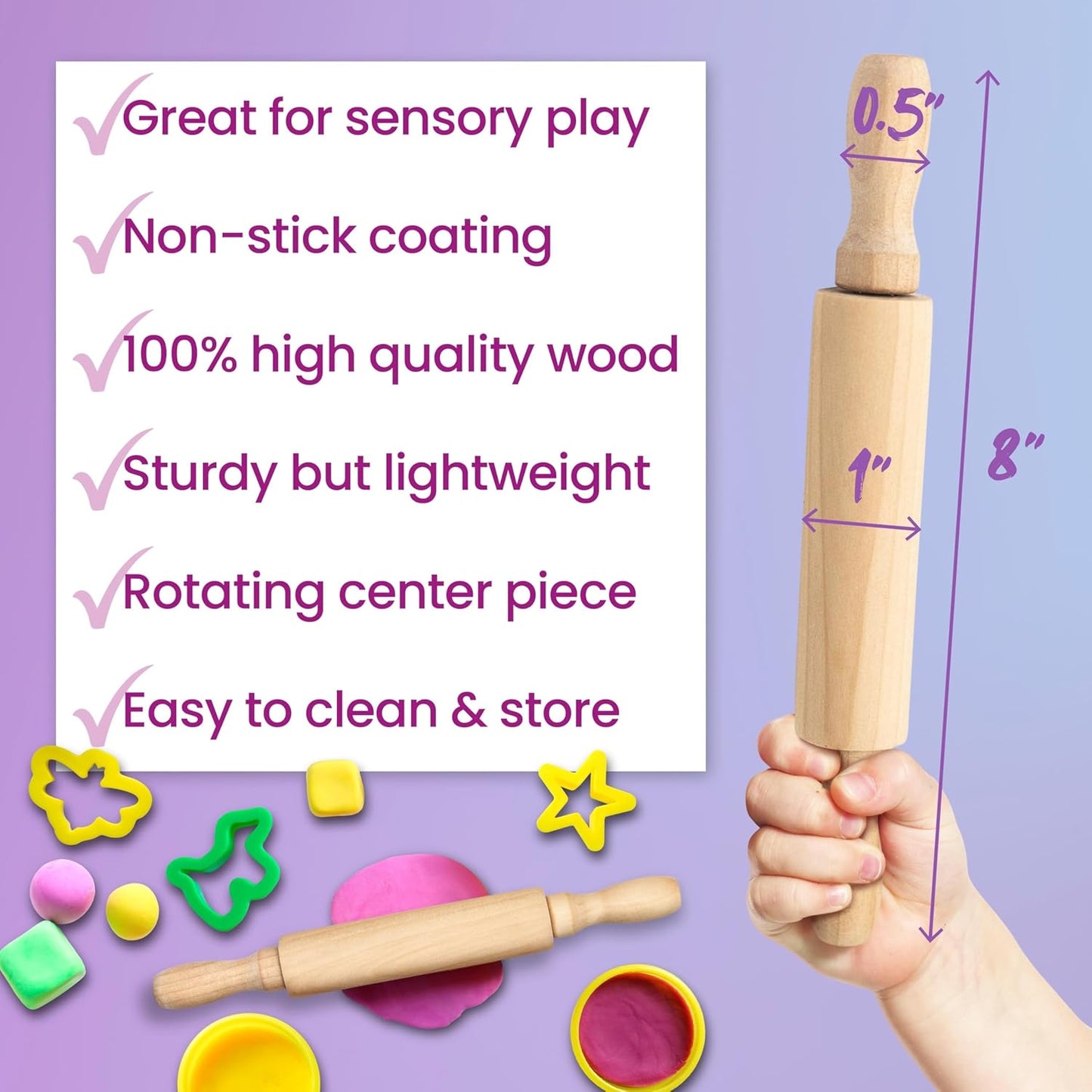 8-Inch Premium Kids Mini Rolling Pins (6-Pack) Splinter-Free, Non-Stick Hardwood for Baking, Sensory Crafts, Play-Doh, Clay, Therapeutic Fine Motor Skills for Toddlers, Great Gift for Children