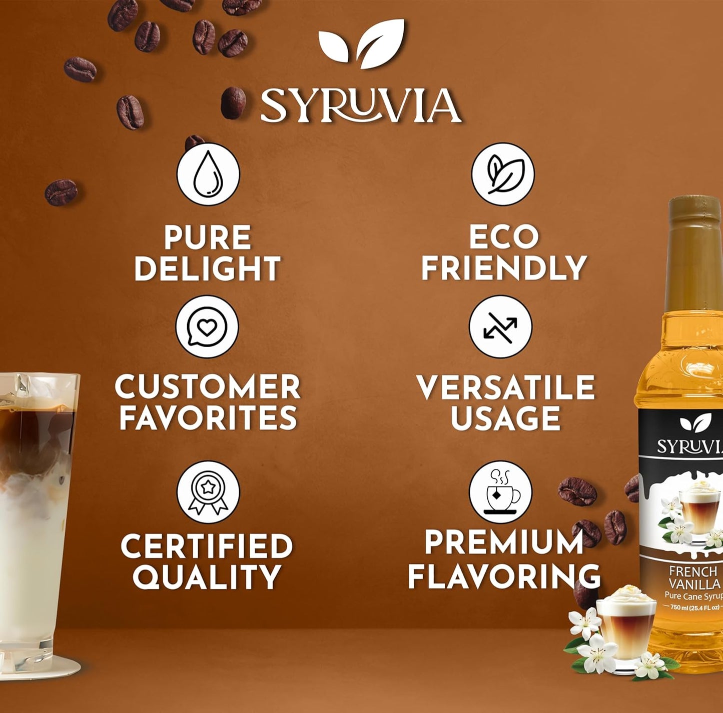 Syruvia French Vanilla Coffee Syrup - 25.4 fl oz. Premium Coffee Flavoring Syrup. Kosher, and Gluten-Free. Perfect for enhancing drinks, sodas, shakes, desserts, and more.
