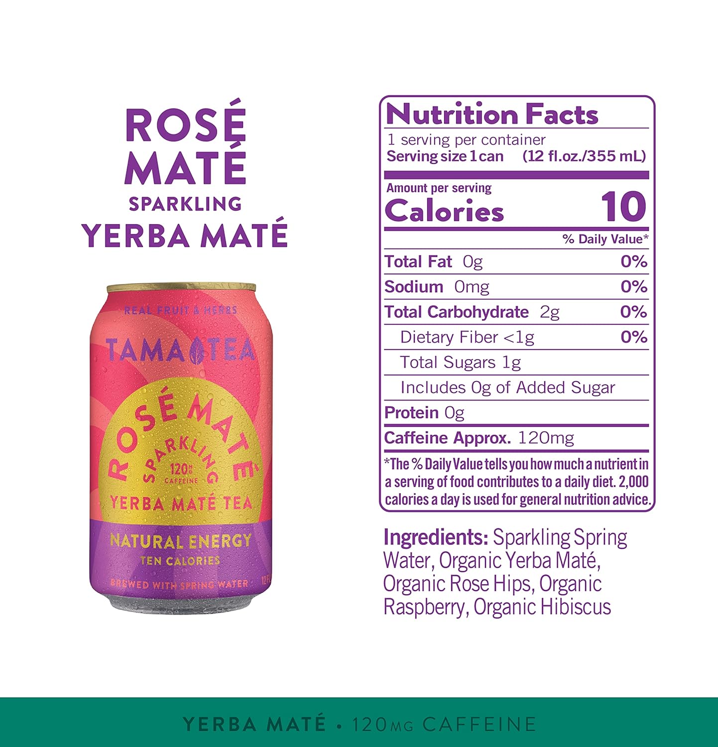 Sparkling Rose Yerba Mate by Tama Tea - Unsweetened Natural Energy Drink with Real Fruit & Herbs - Healthy Caffeine Drink Alternative - 120mg of Brain-Boosting Caffeine, 10 Calories - 12oz Pack of 12