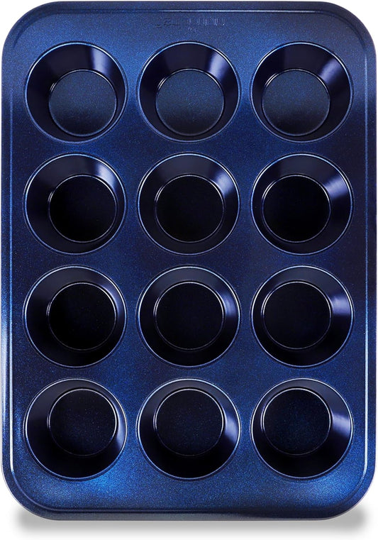 NutriChef 12-cup Blue Oven Muffin Pan, Non-Stick Coated Layer Surface, Even Heating Muffin Tray for Muffins, Cupcakes, Pastries & Mini Pies, Used for Model Number NCBK6TR