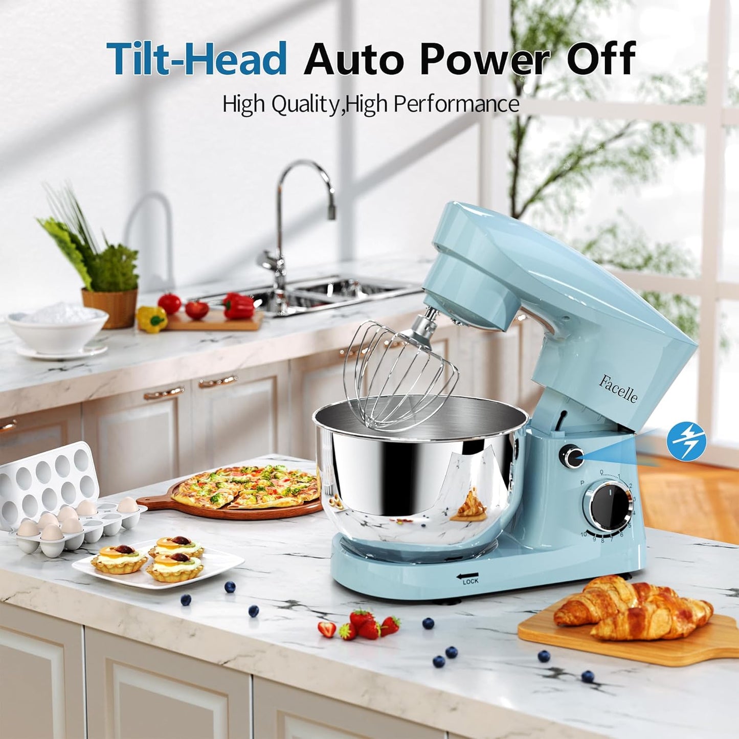 Facelle Stand Mixer, 10-Speed 6QT Kitchen Electric Mixer, Tilt-Head Food Mixer with Beater, Dough Hook, Wire Whip and Egg Separator, scraper for Most Home Cooks - Blue