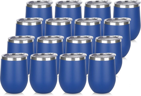 DOMICARE Stainless Steel Wine Tumbler Bulk with Lid, Personalized Insulated Tumblers Set, 12oz Travel Coffee Cups Pack of 16, Dark Blue