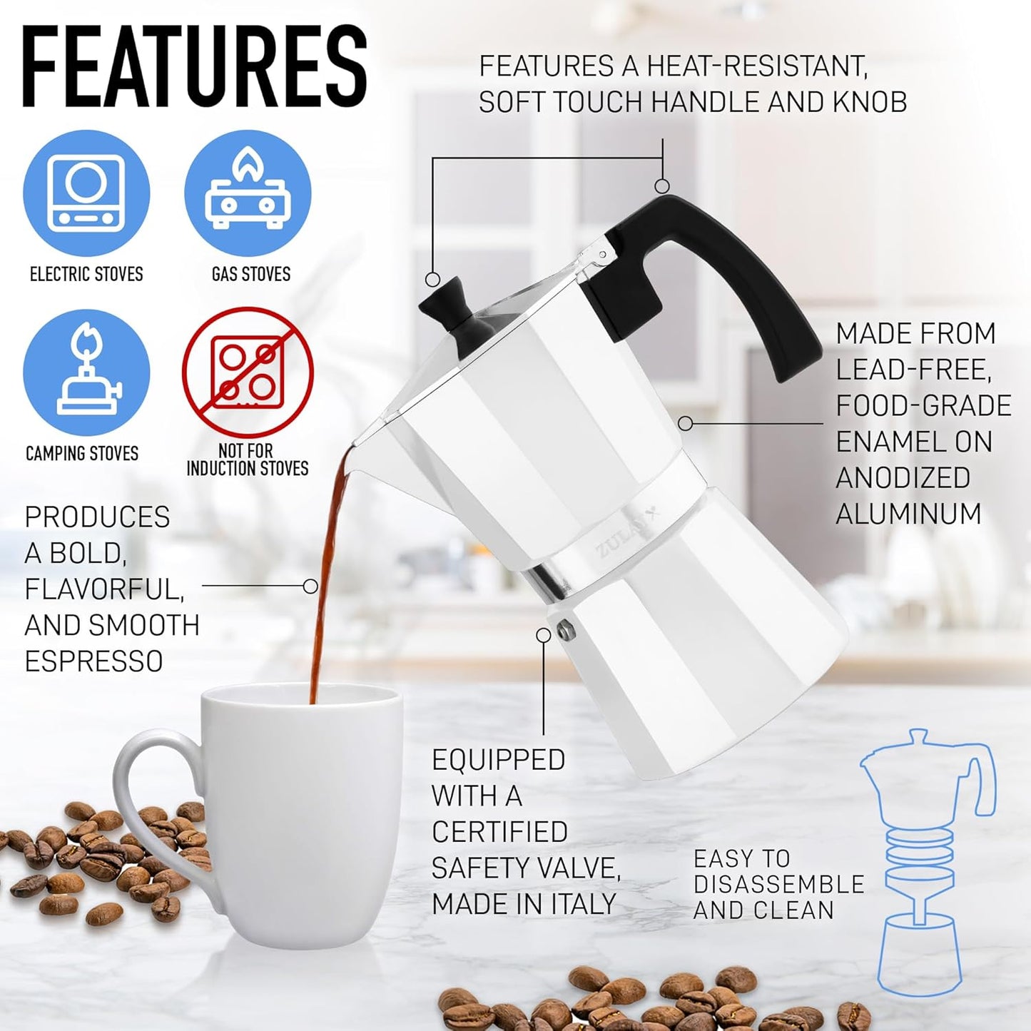 Zulay Moka Pot Espresso Stovetop Coffee Maker - Leak-Proof, Stainless Steel, Easy to Clean, Heat Resistant Handle & Knob - for Authentic Cuban & Italian Style Espresso - Makes 12 Espresso Cups - White