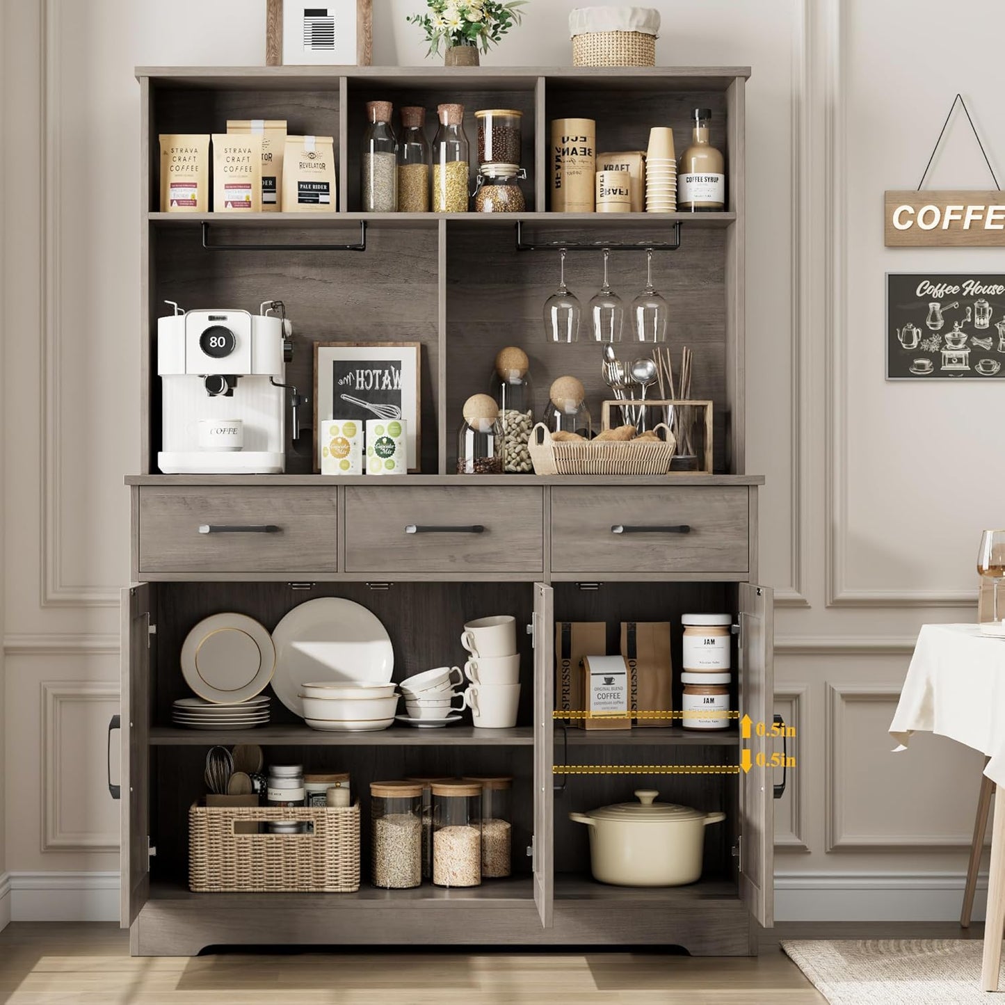 HOSTACK Buffet Cabinet with Hutch, Modern Farmhouse Kitchen Buffet Sideboard Storage with 3 Drawers, Barn Door Coffee Bar Station, Liquor Cabinet for Dining Room, Living Room, Ash Grey