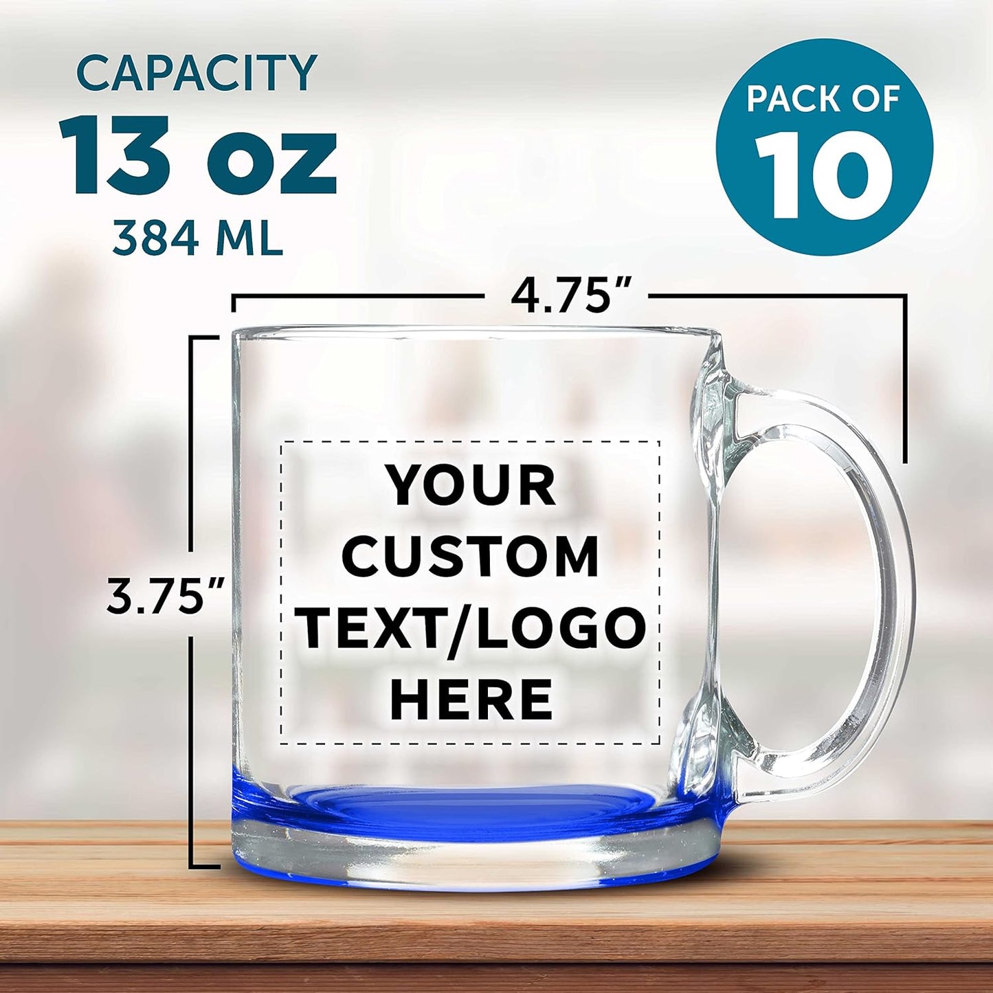 Custom Libbey Clear Glass Coffee Mugs 13 oz. Set of 10, Personalized Bulk Pack - Perfect for Coffee, Tea, Espresso, Hot Cocoa, Other Beverages - Blue Bottom