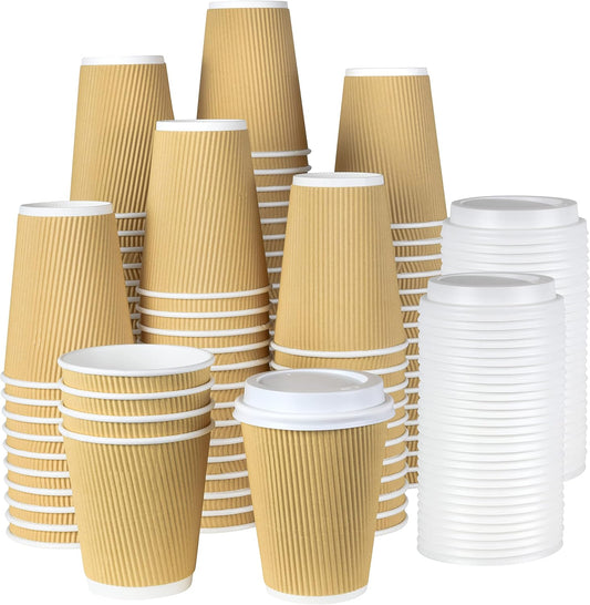 NYHI 100 12 oz Ripple Kraft Paper Cups Brown Hot Cold with Lids 3 Layer Rippled Small Insulated Disposable Coffee Cups for Cappuccino Hot Cocoa or Iced Drinks