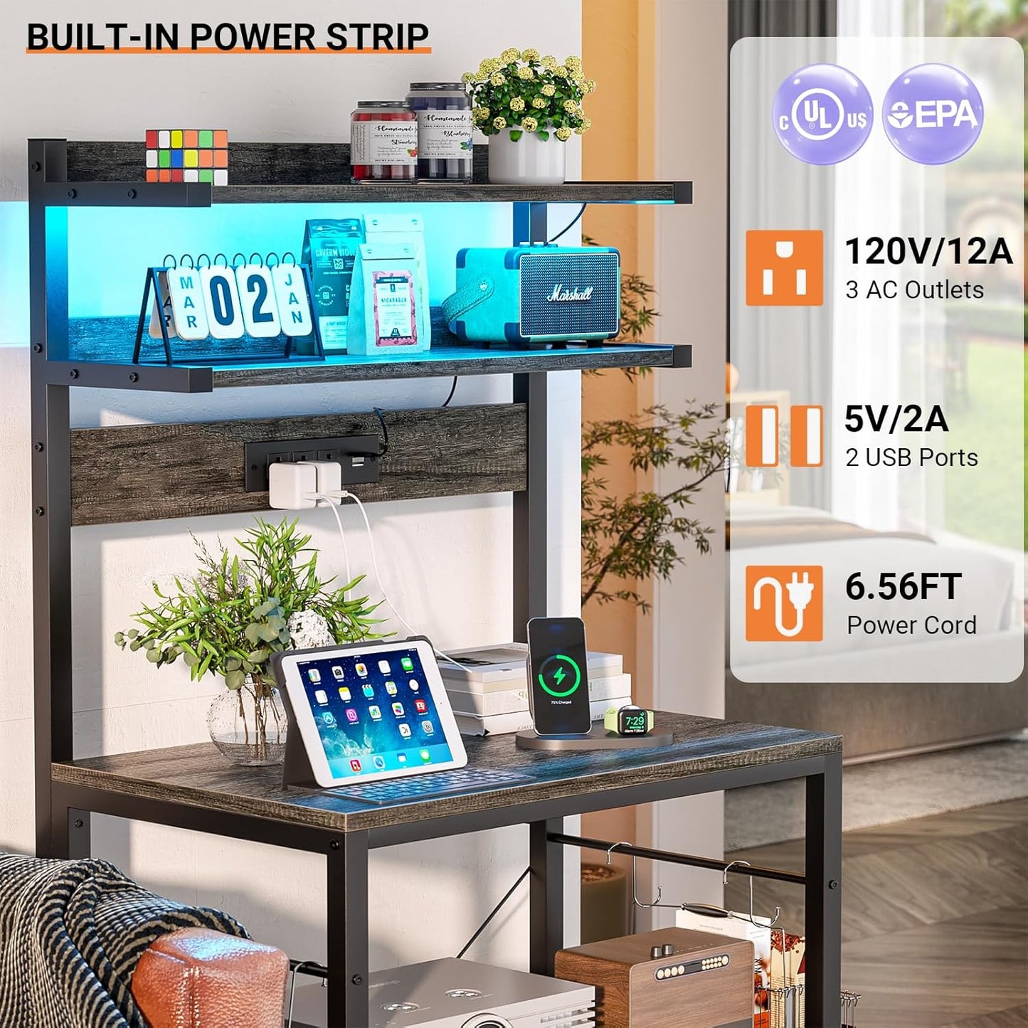 Aheaplus Bakers Rack with Power Outlet, Microwave Stand, 5 Tiers Coffee Bar Station with Led Lights, Kitchen Storage Shelf with 6 S-Shaped Hooks, Kitchen Rack for Spices, Pots and Pans, Black Oak