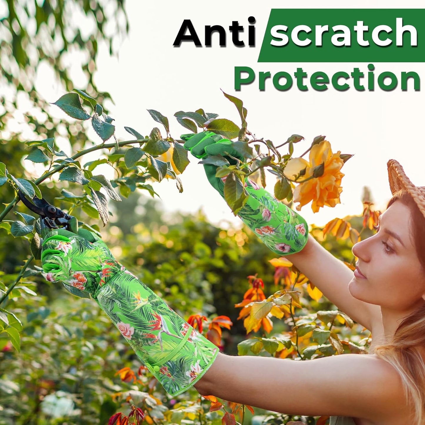 HANDLANDY Women Gardening Gloves, Scratch Resistant Breathable Ladies Rose Pruning Long Gauntlet Floral Print Garden Yard Gloves, Gift for Gardeners (Green, M)