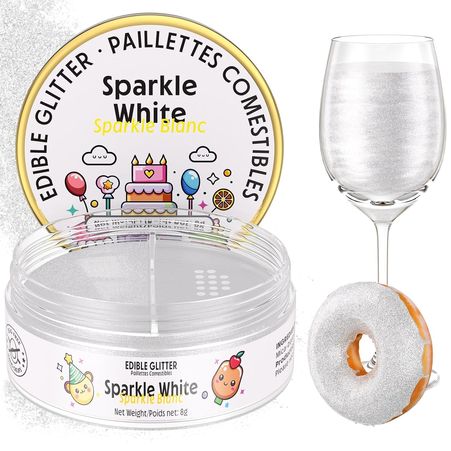 Nomeca Edible Glitter for Drinks Cakes, 8 grams Food Grade Luster Dust Sprinkles Glitter for Cake Decorations, DIY Cocktails, Beverages & Cake Decorating, Dessert Cake Topper (6-Sparkle White)