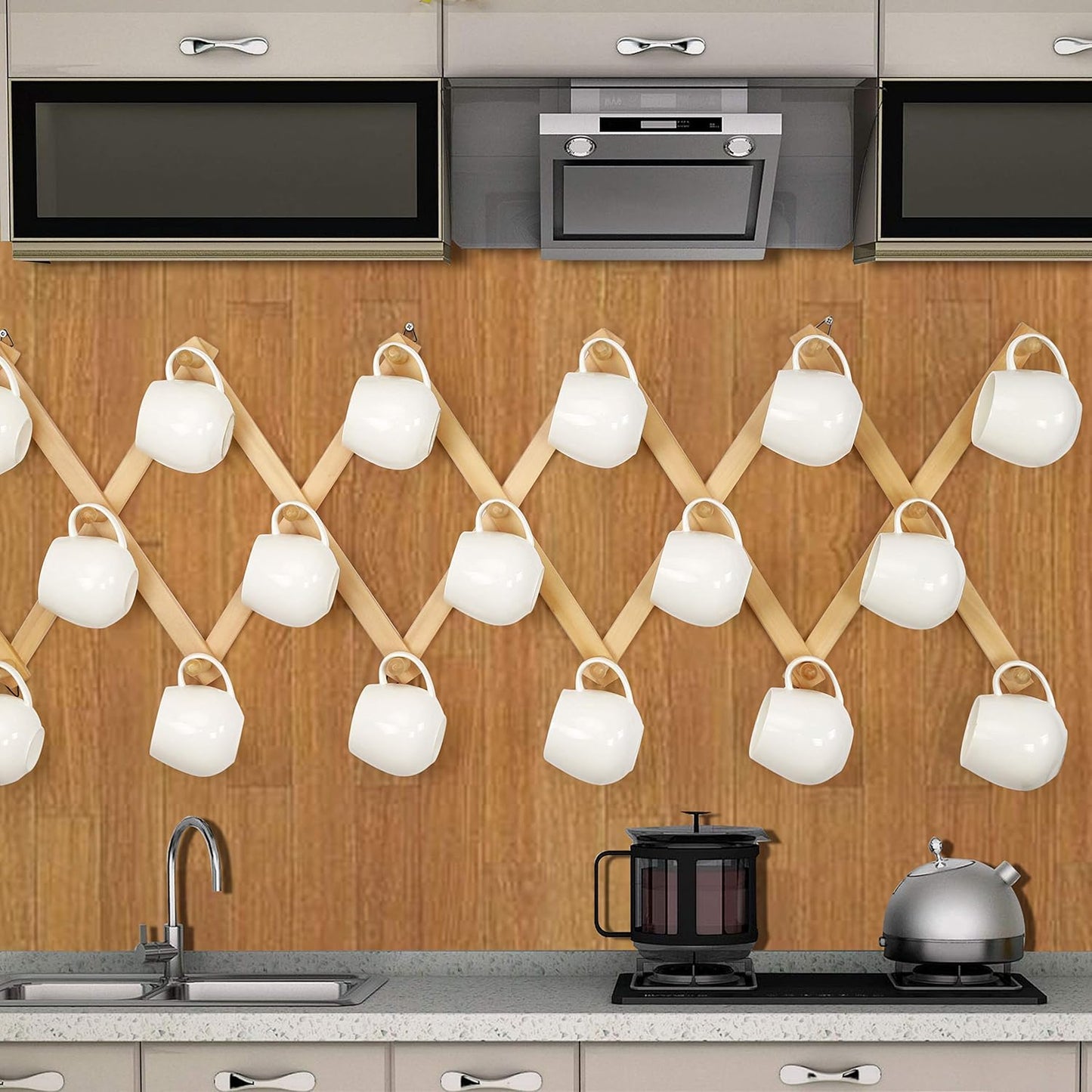 Dseap Accordian Wall Hanger: 16” High Wooden Wall Expandable Coat Rack, Hat Rack Holder, Accordion Hook for Baseball Caps, Coats, Mugs, 17 Peg Hooks, Natural