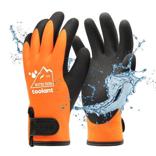 100% Waterproof Gloves for Men and Women, Winter Work Gloves for Cold Weather, Thermal Insulated Freezer Gloves, Touch Screen, With Grip, Orange, Small
