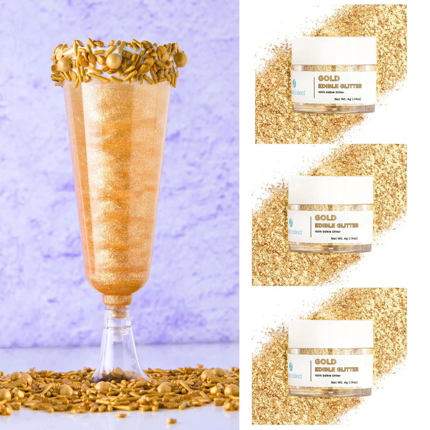 Sweets Indeed Edible Glitter, Perfect for Drinks, Cocktails, Beverages & Cake Decorating, Dessert Cake Topper, 4 grams, 3 Pack (Christmas) (Christmas) (Gold)