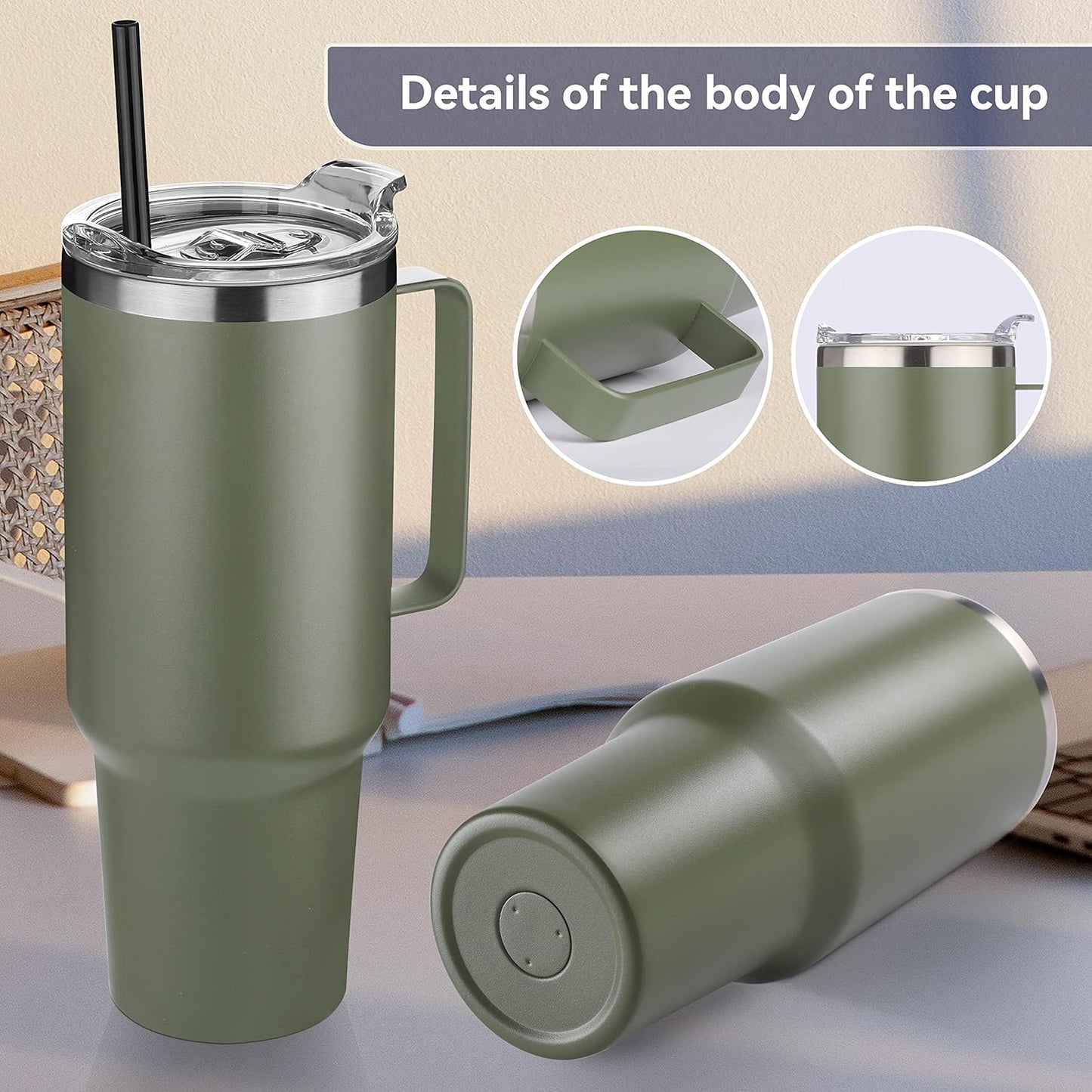 HASLE OUTFITTERS 40 oz Stainless Steel Tumbler with Handle, Vacuum Insulated Tumblers Bulk, Reusable Double Wall Travel Coffee Mug, Durable Powder Coated Water Bottles(Army Green, 4)