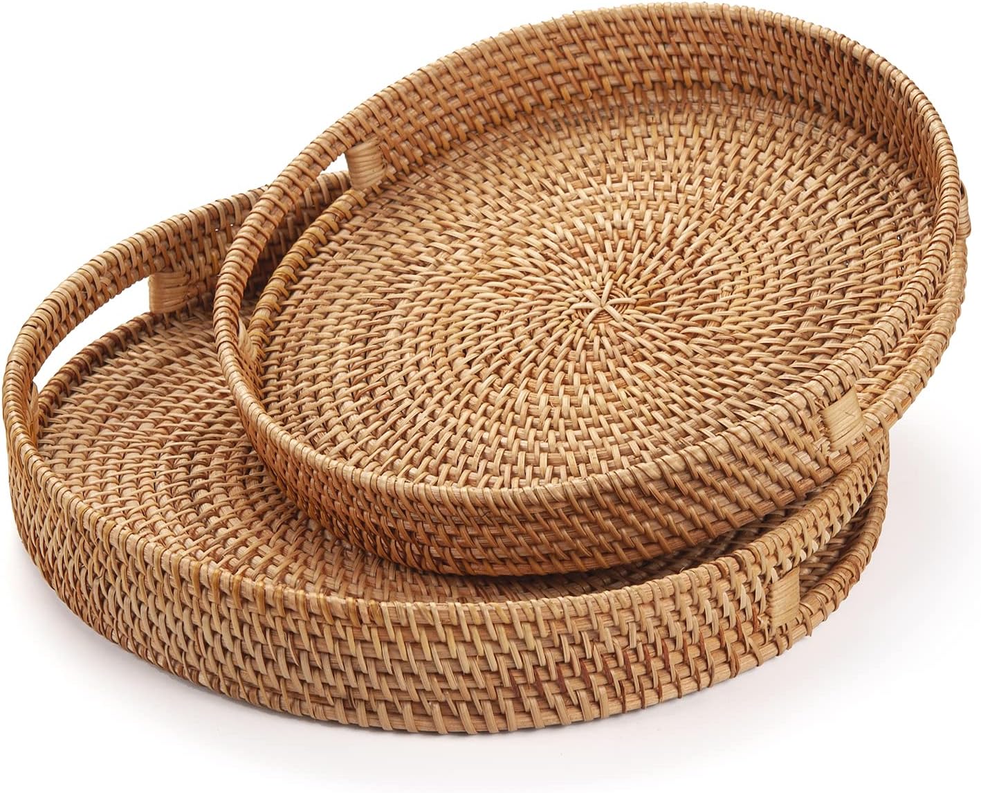 Coffee Table Tray Round Rattan Ottoman Tray Woven Serving Trays with Handles for Home and Kitchen Decorative Natural (Large 16.9 inch)