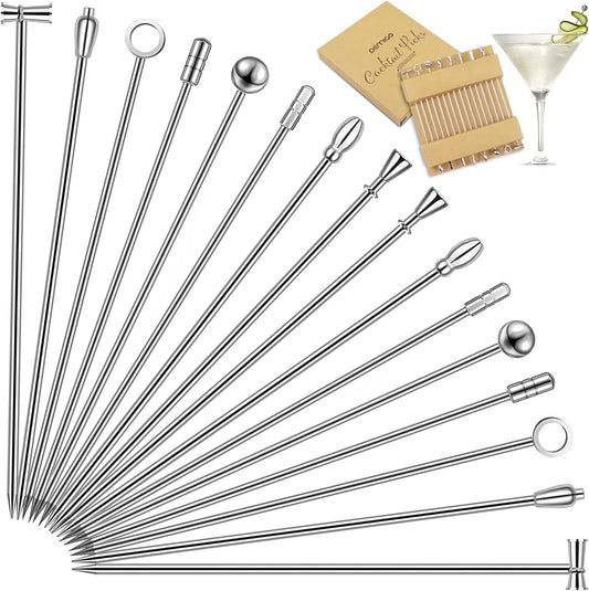 DEMIGO Cocktail Picks 16pcs, 8 New Styles Stainless Steel Reusable Olive Stuffers Martini Pick set Fruit Toothpick Garnish Skewers Appetizer Drink Stick for Bar party, Barbeque Snack, Club sandwiches