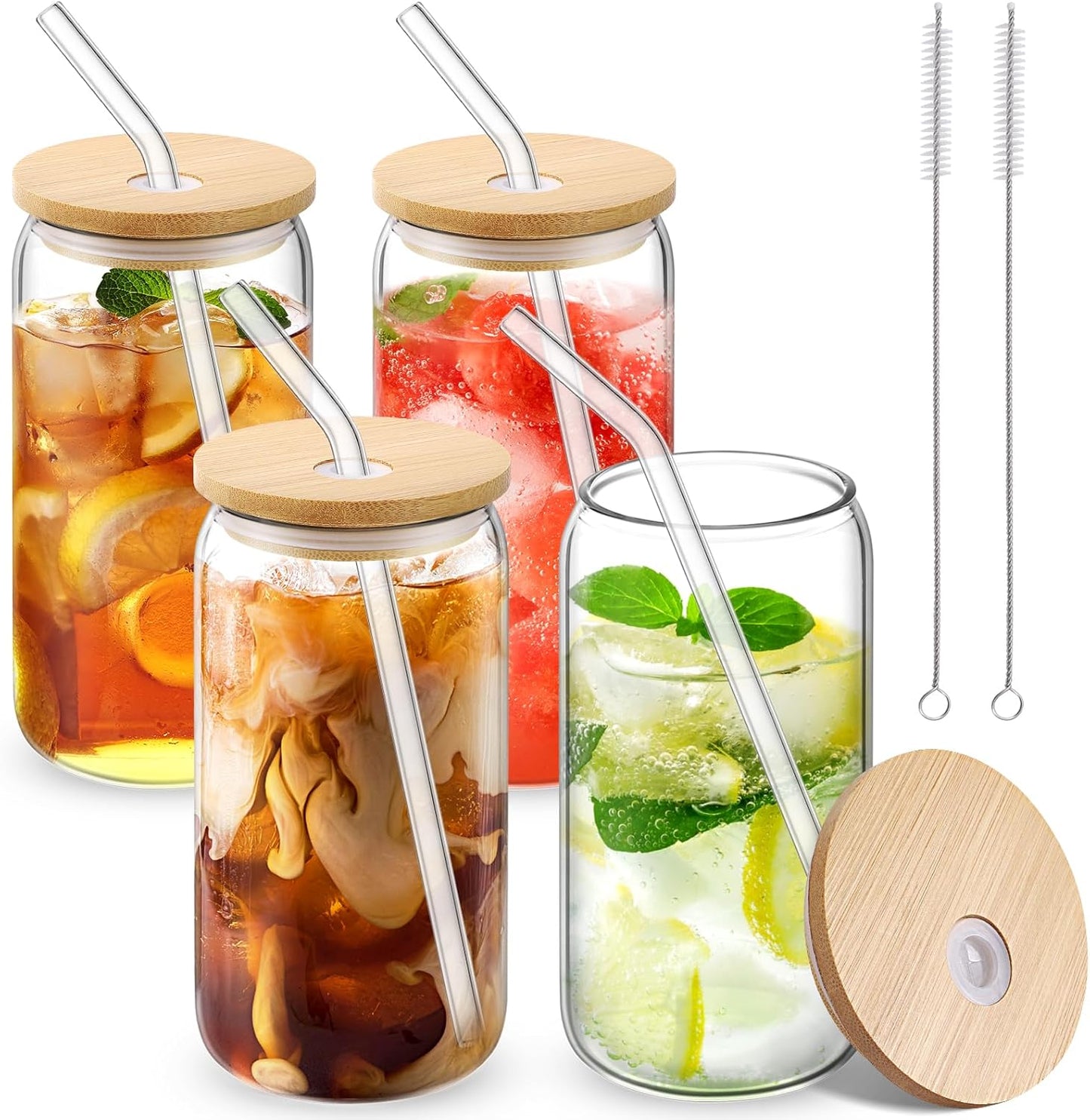 Glass Cups with Lid and Straw, 16oz Beer Glasses Glass Coffee Cups, Iced Coffee Cups with Lid, Glass Tumbler with Straw and Lid (4 PACK)