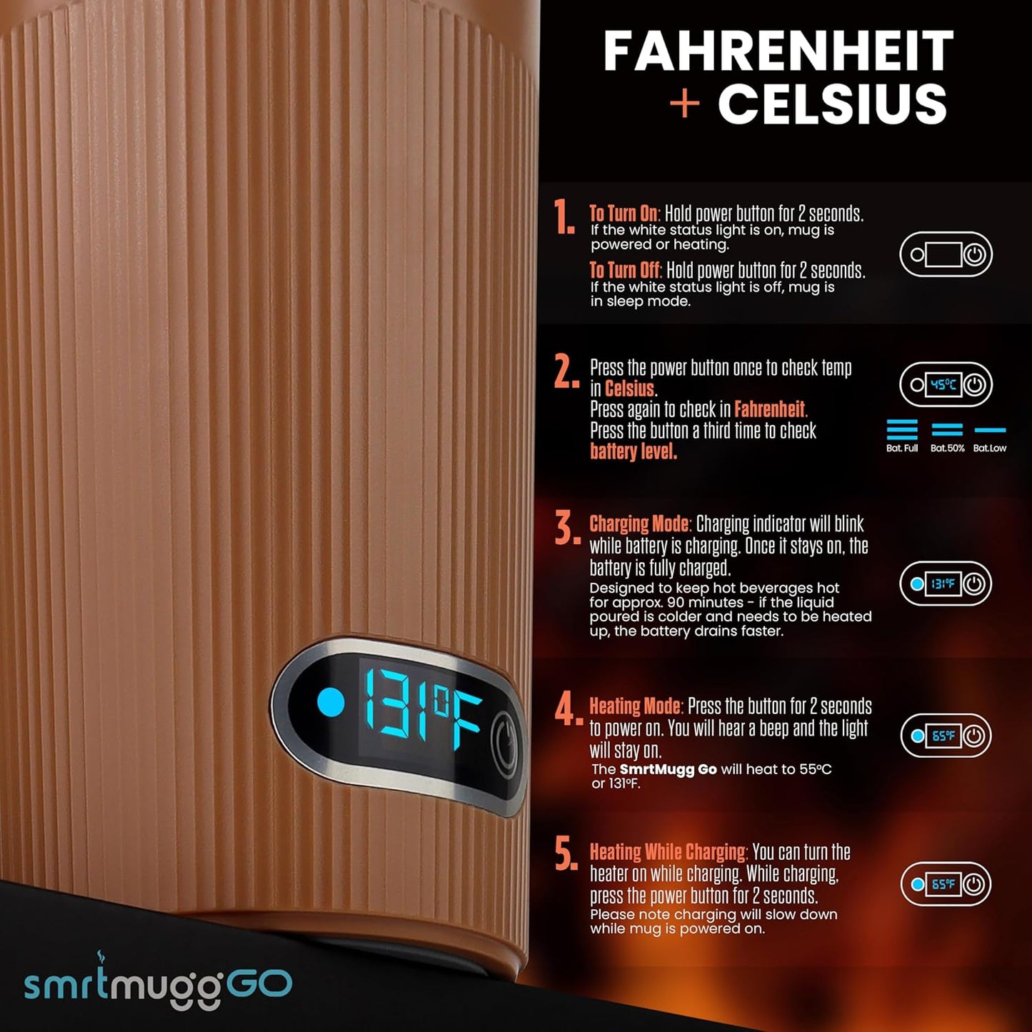 GO Heated Coffee Mug, Travel Mug, 13.5 OZ. Smart Mug, Battery Powered Heated Coffee Mug, Great for Coffee and Tea, Snap on Magnetic Charging Cord, New and Improved (Pumpkin Spice)