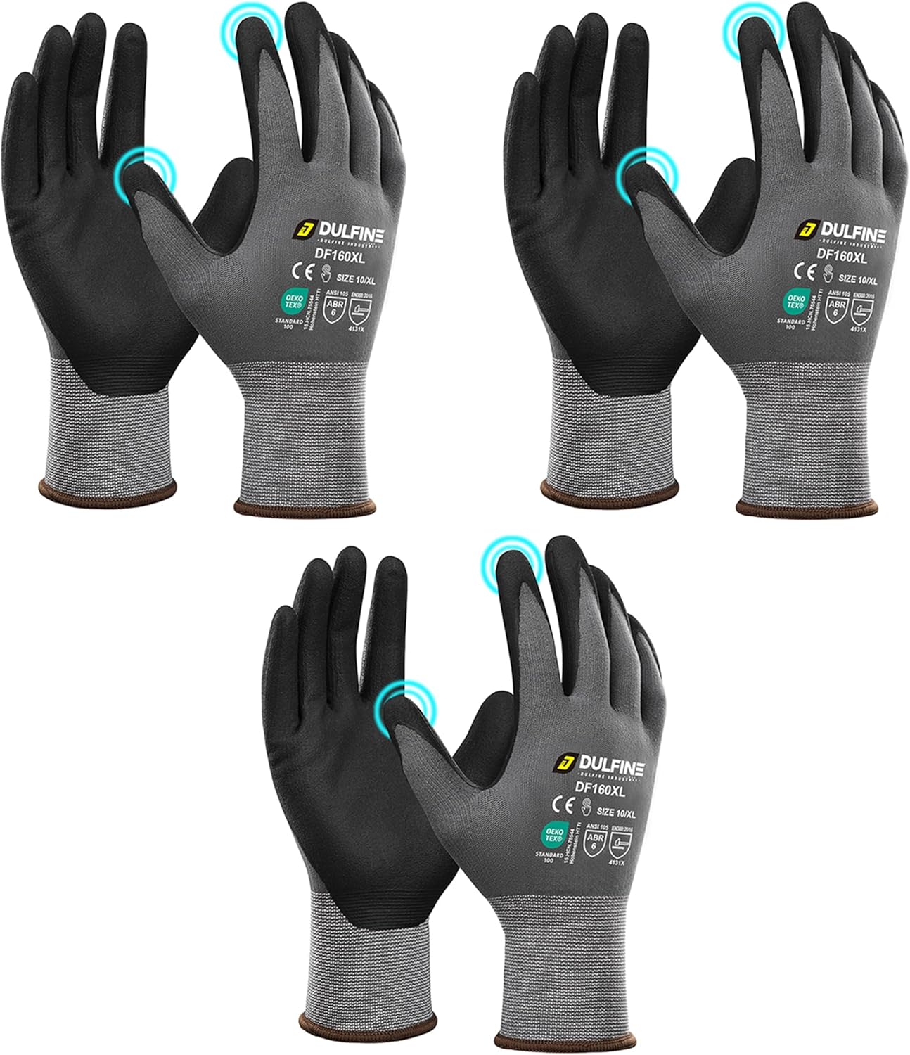 DULFINE Safety Work Gloves MicroFoam Nitrile Coated-3 Pairs Pack,Seamless Knit Nylon Glove with Black Micro-Foam Nitrile Grip,Ideal for General Purpose,Automotive,Home Improvement,Painting(XX-Large)