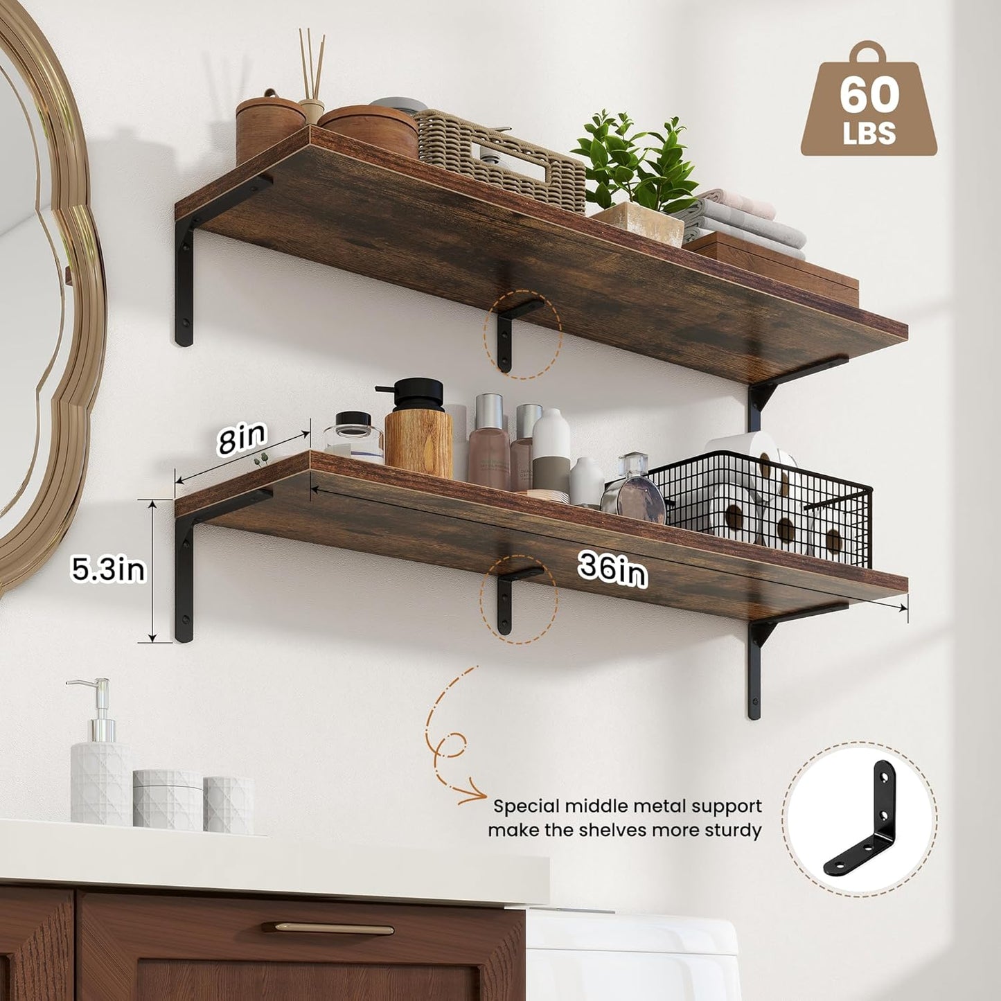 Fun Memories Deep Floating Shelves, 36W x 8D Floating Shelves Set of 2, Wall Mounted Shelf with Metal Brackets, Rustic Wood Wall Shelf for Bathroom, Kitchen and Living Room, Rustic Brown