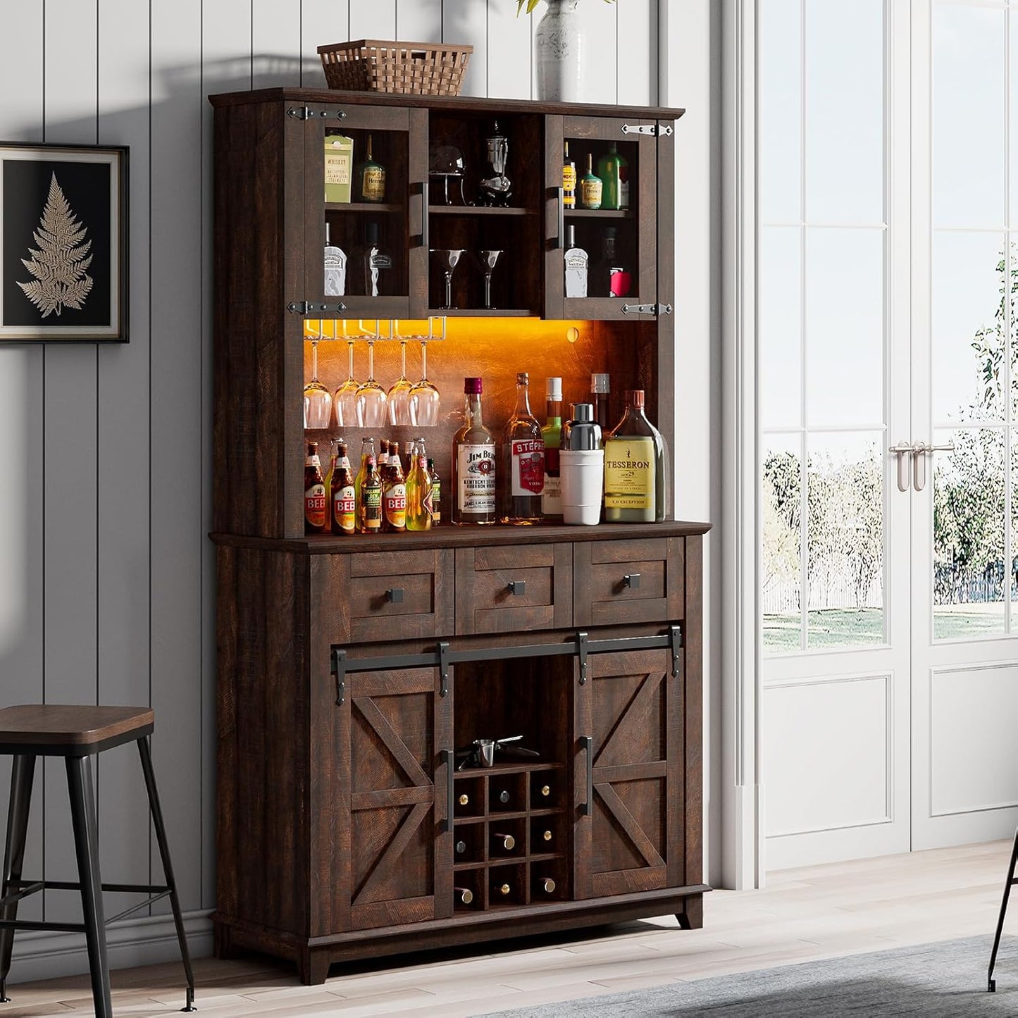 72" Coffee Bar Wine Cabinet with Sliding Barn Door & LED Lights, Sideboard Buffet Cabinet with Wine Bottle Rack, 3 Drawers, Storage Cabinets for Kitchen, Dining Room, Brown