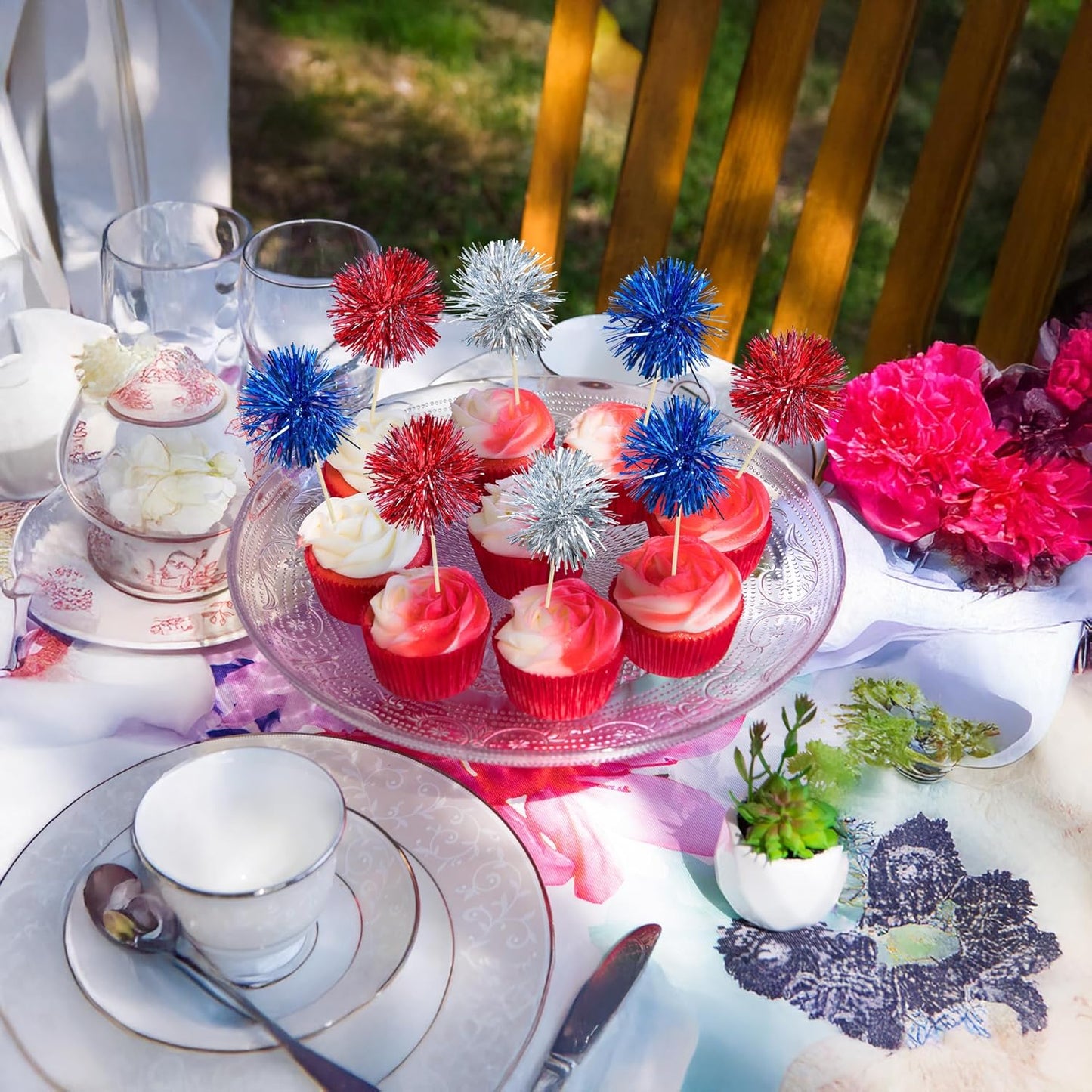 Ephlyn 30Pcs Foil Firework Cupcake Toppers Sparkle Tinsel Cupcake Picks Happy Birthday Cake Toppers Drink Cocktail Food Fruit Toothpicks for Baby Shower Birthday Party Supplies Red Silver Dark Blue