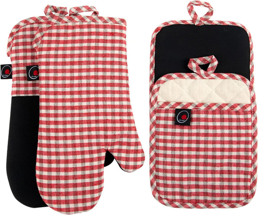 Oven Mitts and PotHolders Sets, 4 Pcs Kitchen Oven Glove High Heat Resistant 400°F Pot Holders for Kitchen, Non-Slip Neoprene Oven Mitts are Suitable for Cooking, Baking (Red Grid)