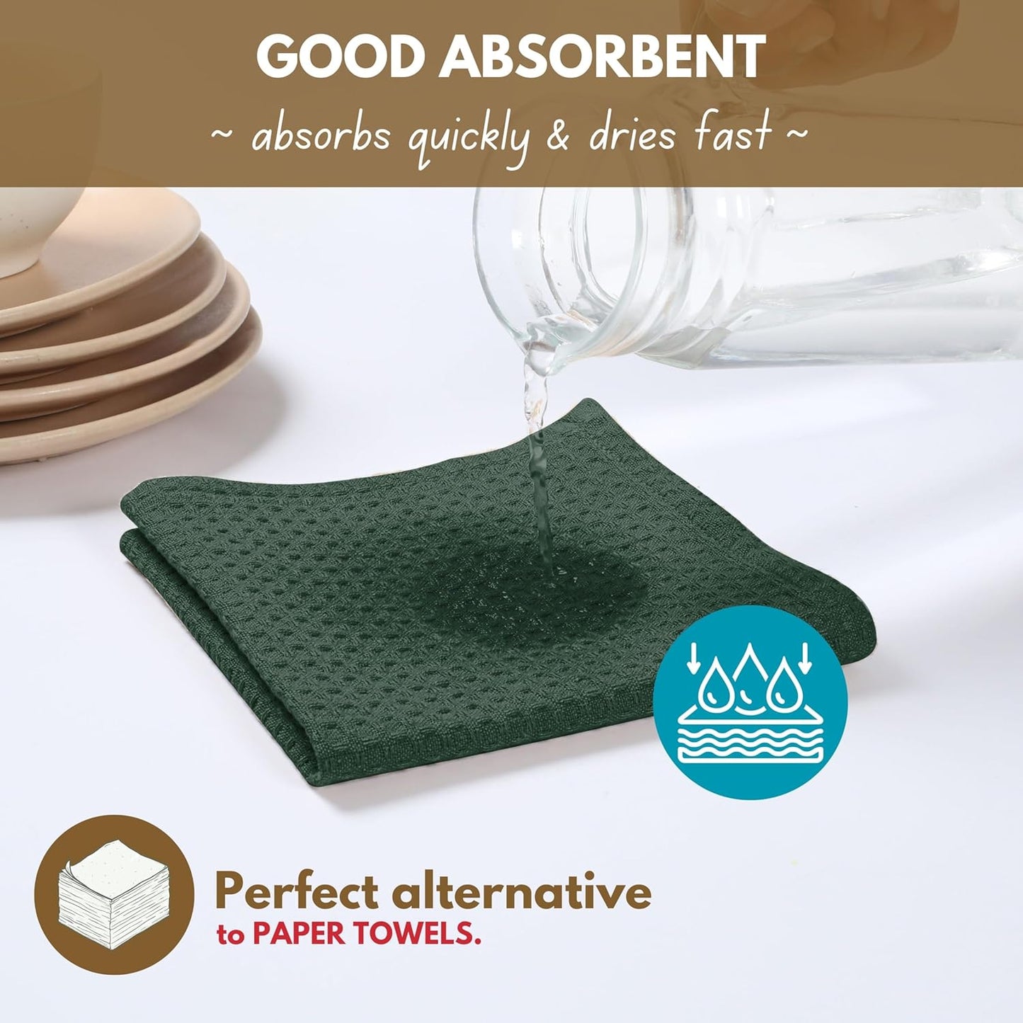 Native Fab Cotton Dish Towel & Dishcloths Set - 8 Piece, Soft, Absorbent, Fast Drying, Durable Towels for Cleaning, Baking, Cooking - Great for Home, Kitchen & Restaurant Use - Forest Green