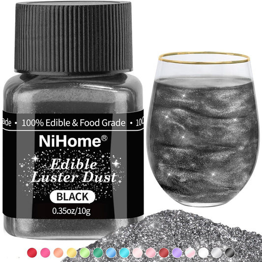 NiHome Edible Food-Grade Glitter Powder Glimmer Luster Dust Metallic Fancy Food Decorating Sprinkle Glimmery Dust for Drink Wine Beverage Cake Bakery Vegan Allergen-Free (Black, 0.35oz/10g)