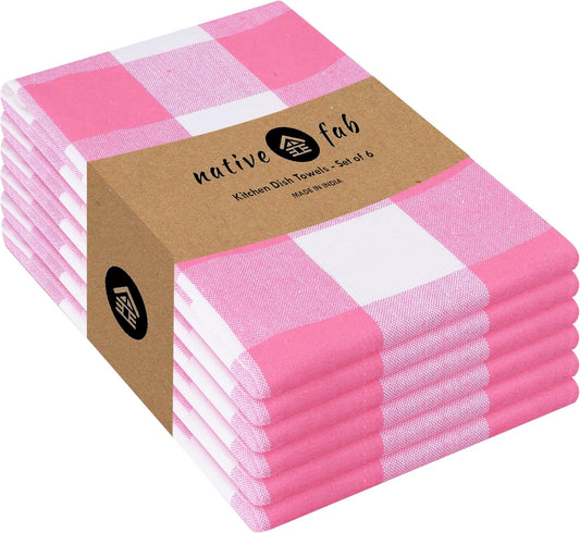 Native Fab Pink Checked Kitchen Towels 16"x26" - 6 Pack Buffalo Plaid Cotton Dish Towels - Absorbent Dishcloth Set, Soft Reusable Towel with Hanging Loop - Pink White