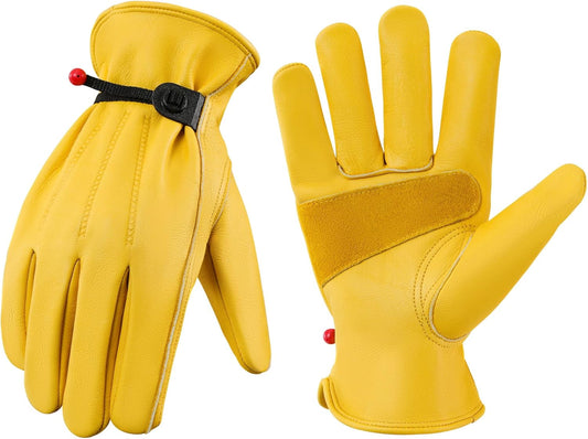DULFINE Leather Work Gloves for Men & Women, Reinforced Durable Gardening Gloves,Cowhide Work Gloves,Puncture & Cut Resistant