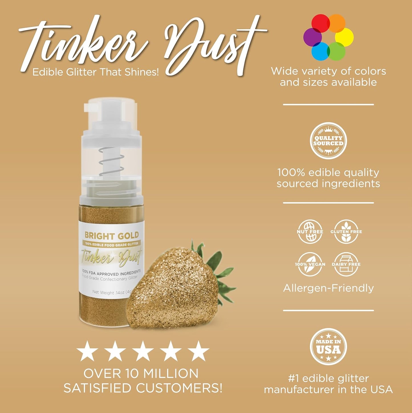 Bakell - Bright Gold Tinker Dust (4g, 1x Mini Spray Pump) Edible Glitter for Food, Desserts, and Beverages!