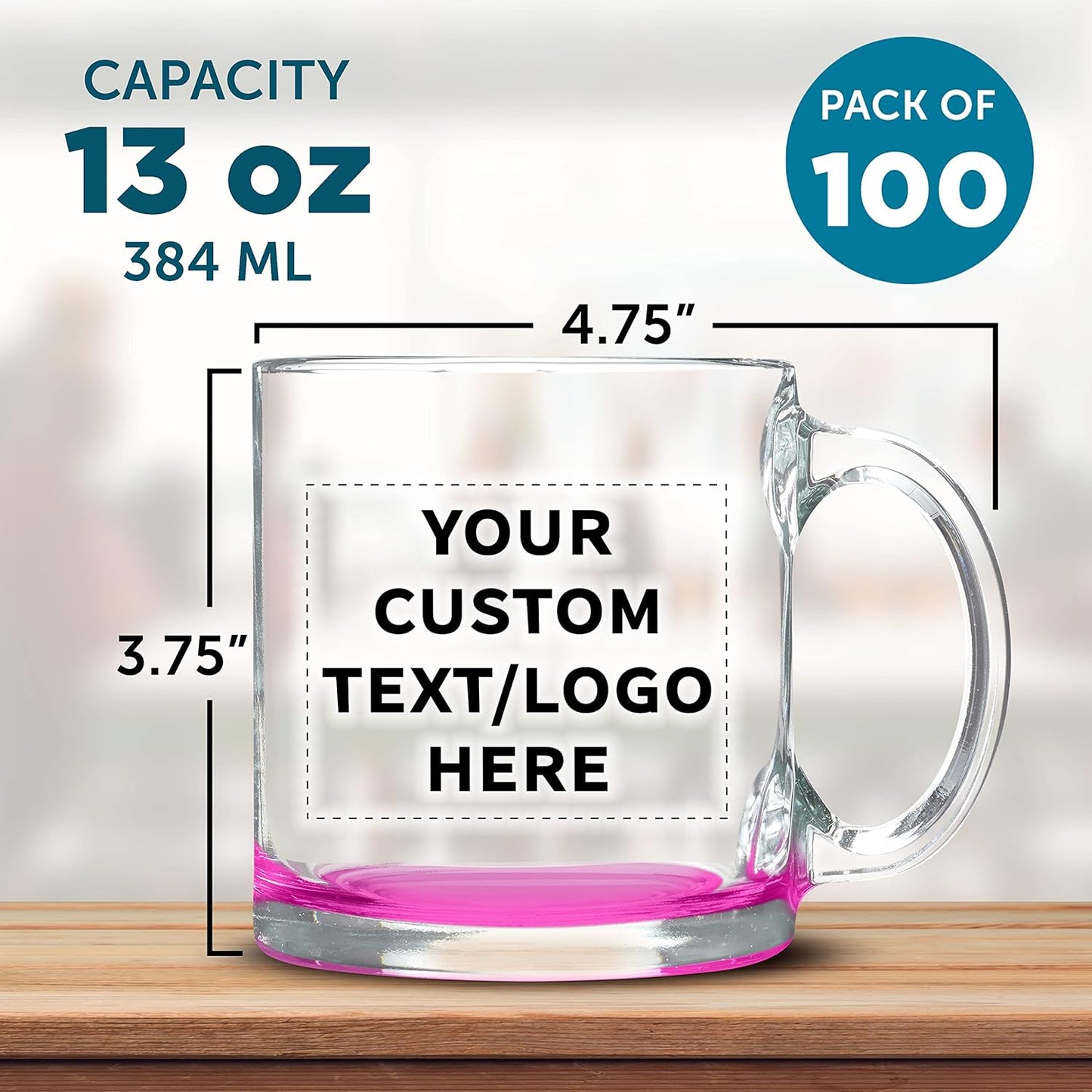 Custom Libbey Clear Glass Coffee Mugs 13 oz. Set of 100, Personalized Bulk Pack - Perfect for Coffee, Tea, Espresso, Hot Cocoa, Other Beverages - Pink Bottom