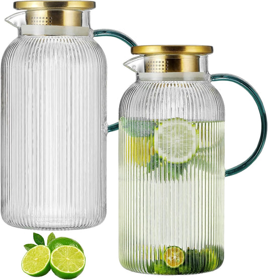 2 PACK Glass Pitcher with Lid,68 oz/ 2 Liter Vertical Stripes Water Pitcher With Green Handle,Glass Water Carafe for Cold Brew,Coffee, Lemonade, Iced Sun Tea,Beverage,Milk Heat Resistant