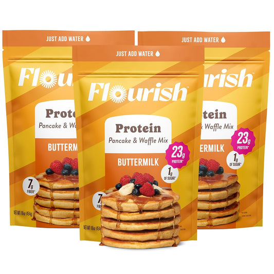Flourish Protein Pancake & Waffle Mix, with Whey Protein & Flax Seed, No Added Sugar, High in Protein & Fiber - Just Add Water - Buttermilk Flavour, 430g (3 Pack) - Made in Canada