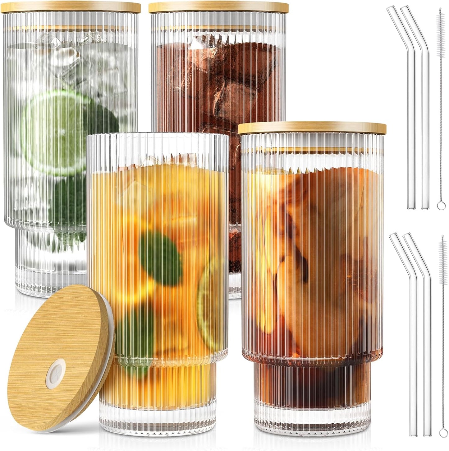 16OZ Ribbed Glass Cups with Lids and Straws 4 Set, Vintage Glassware for Whiskey Cocktail Beer, Iced Coffee Cups with Lid, Glass Tumbler with Straw and Lid (4 PACK)