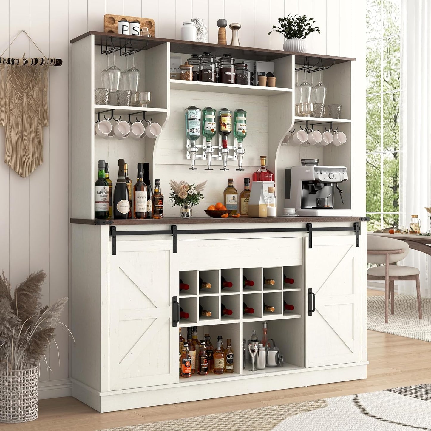 Farmhouse Coffee Bar Cabinet with Charging Station & Sliding Barn Doors - 63" W x 71" H Large Wine Rack, Built-in Liquor Dispenser, Glass/Mug Holders for Kitchen, Living Room, Hallway
