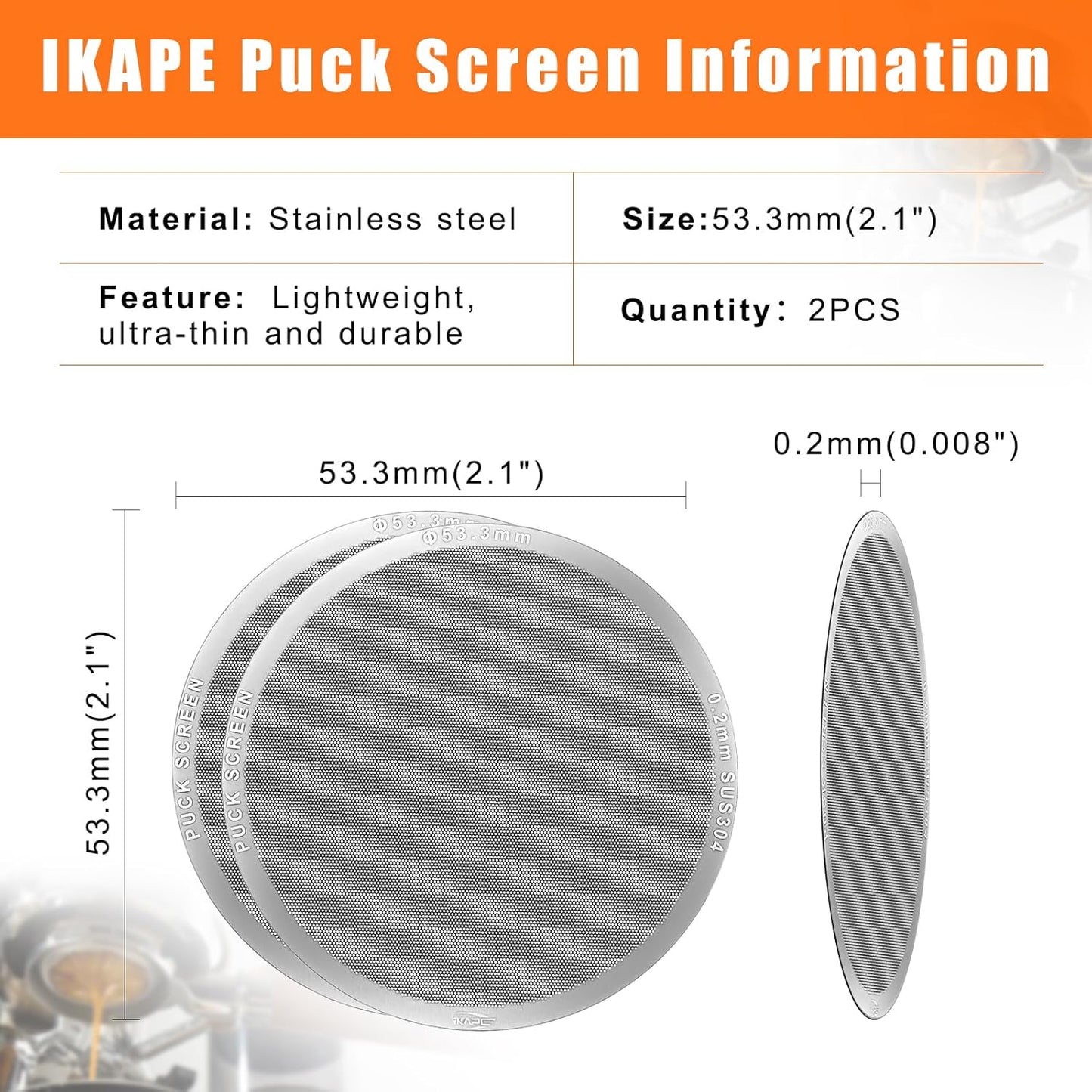 IKAPE 53.3mm 2pc Espresso Puck Screen, 0.2mm Thickness, Reusable Metal Ultra-thin & Ultra-light Coffee Filters, Food-grade 316 Stainless Steel Coffee Puck Screen for Espresso Baristas
