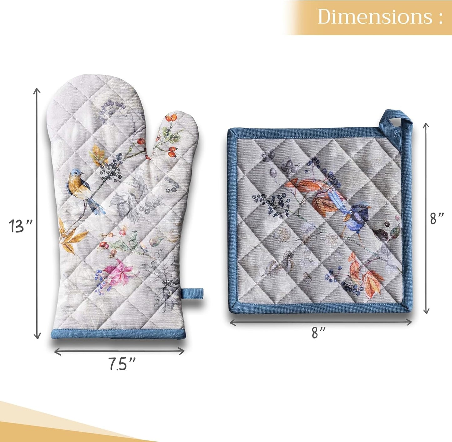 Maison d' Hermine 100% Cotton Oven Mitt & Pot Holder Set (7.5"x13" & 8"x8") Heat Resistant BBQ Cooking Gloves with Loop, Baking, Grilling, Kitchen, Handling Hot Pans (Equinoxe - Grey)