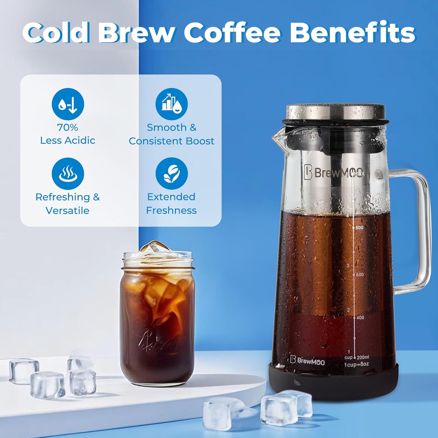 Sleek Cold Brew Coffee Pitcher & Iced Tea Maker - 1.0L/34oz Borosilicate Glass Carafe with Stainless Steel Filter, Sealed Lid & Integrated Handle, Dishwasher Safe (Black)