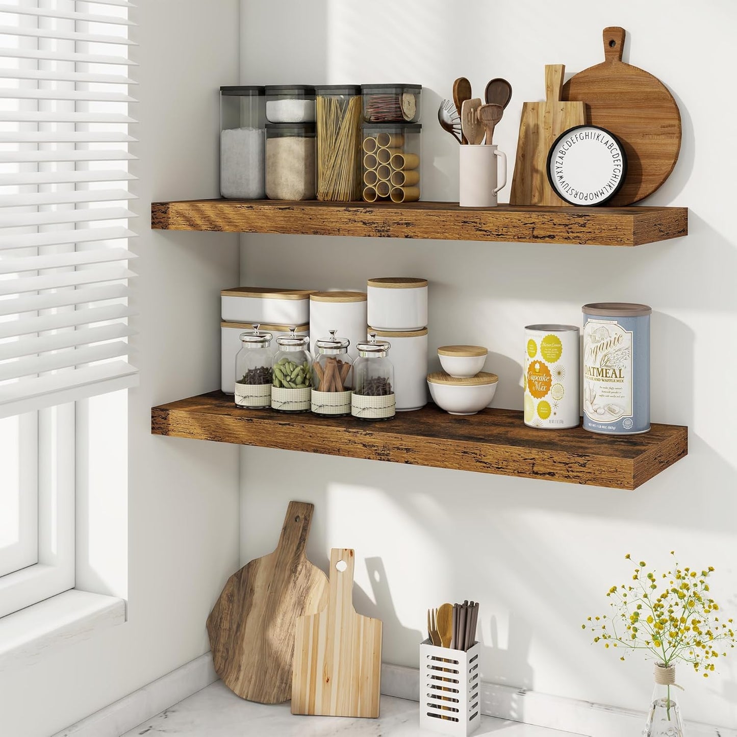 Fun Memories Floating Shelves for Wall, 30 Inch Rustic Wood Wall Mounted Shelves for Bathroom, Bedroom, Kitchen, Living Room, Deep Floating Shelves for Storage & Home Decor (Brown,Set of 2)