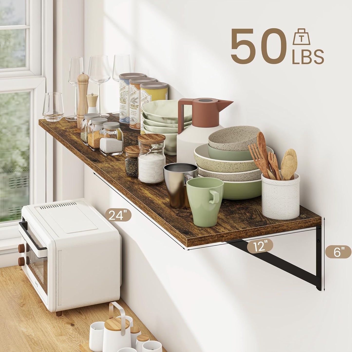 Dreamland Deep Floating Shelves for Wall, Brown Wood Wall Mounted Shelves, Large Floating Shelf 12 * 24 inchSet of 2 for Bookshelf Living Room Bedroom Home Office Bathroom