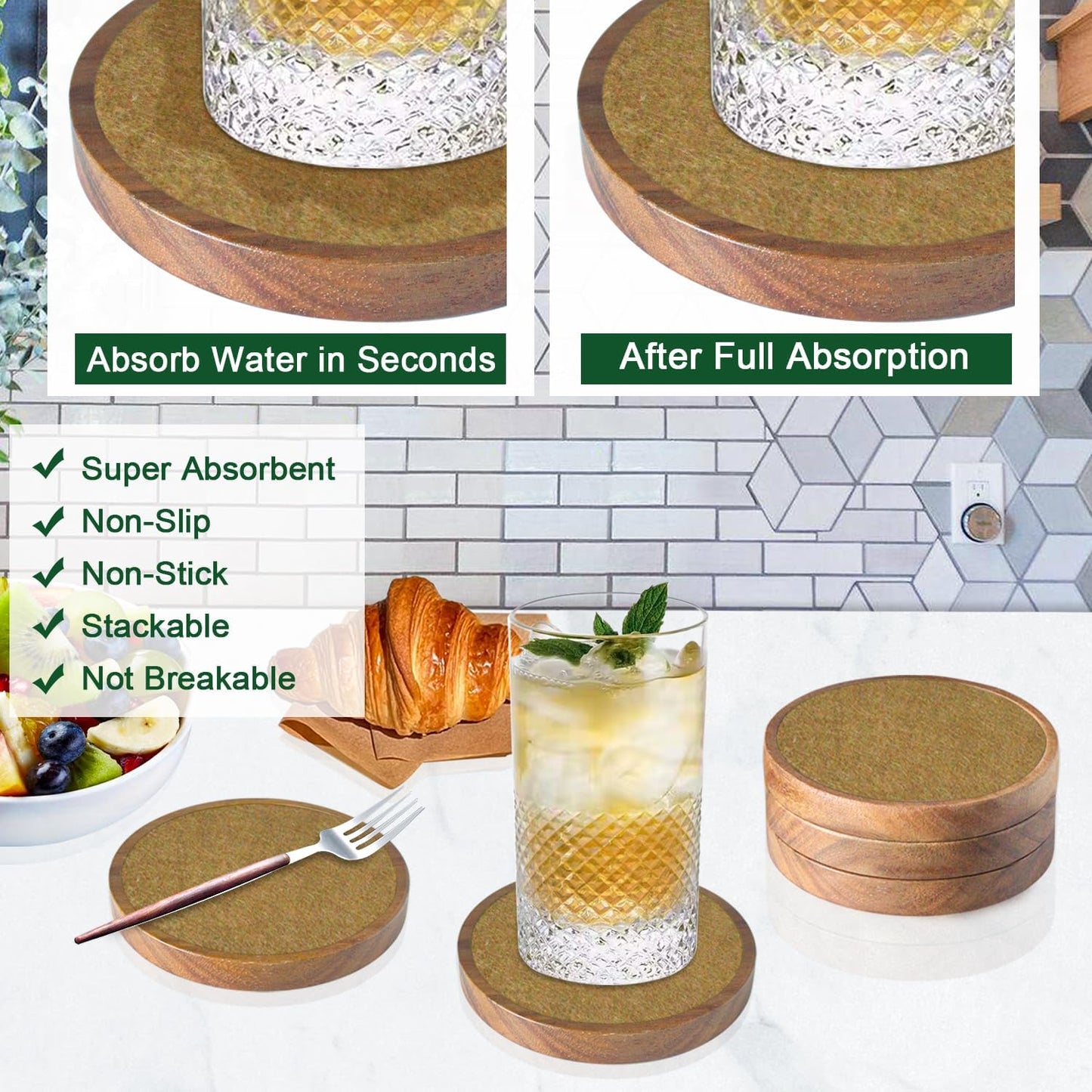 5 Pack Brown Wooden Coasters with Felt Pads, Non-Slip, Non-Stick, Absorbent, Round, 4.3 Inch, Perfect for Coffee Tabletop Protection